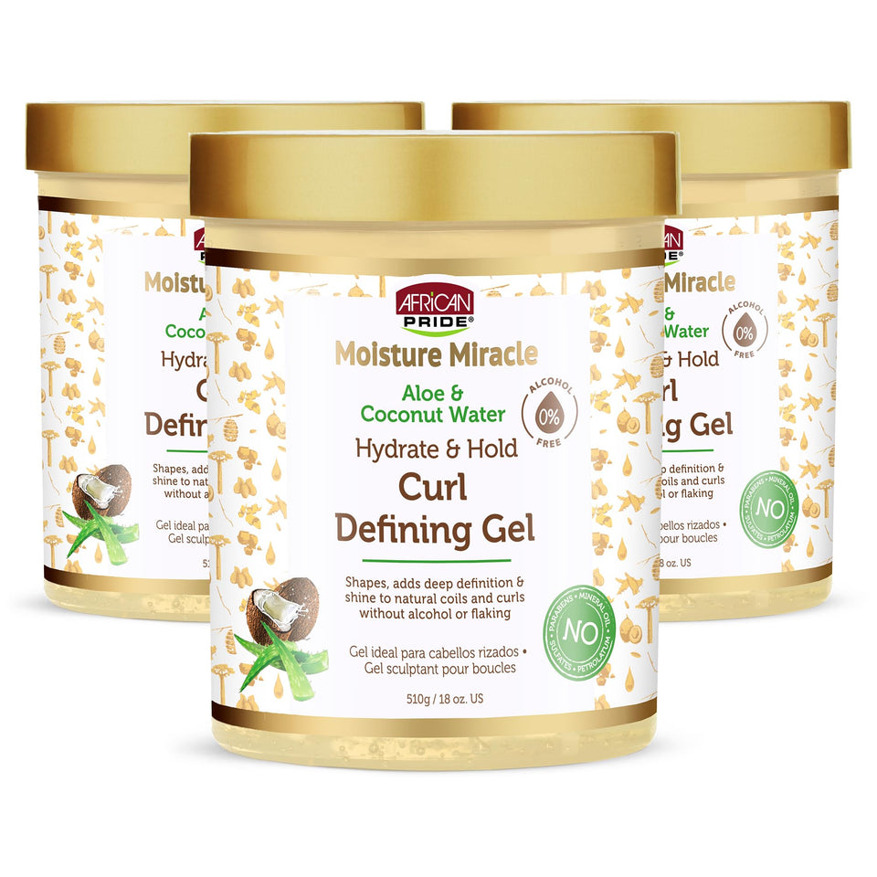 African Pride Moisture Miracle gel bottle showing hydration and hold for defined curls.