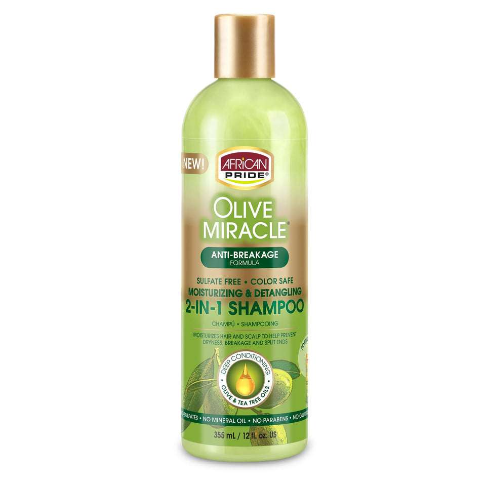 African Pride Olive Miracle 2-in-1 bottle for moisturizing wash and detangling.