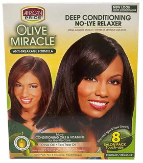 African Pride Olive Miracle Deep Conditioning No-Lye Relaxer bottle close-up for smoother home styling