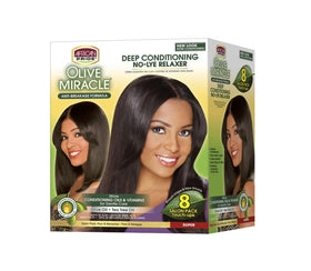 African Pride Olive Miracle Deep Conditioning No-Lye Relaxer kit pack shot for DIY hair care routine