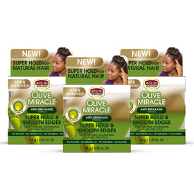 African Pride Olive Miracle edge gel bottle smoothing edges for sleek styles.