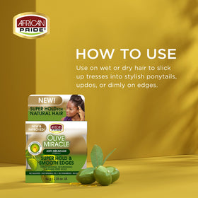 African Pride Olive Miracle edge smoothing application on natural hair for hold.