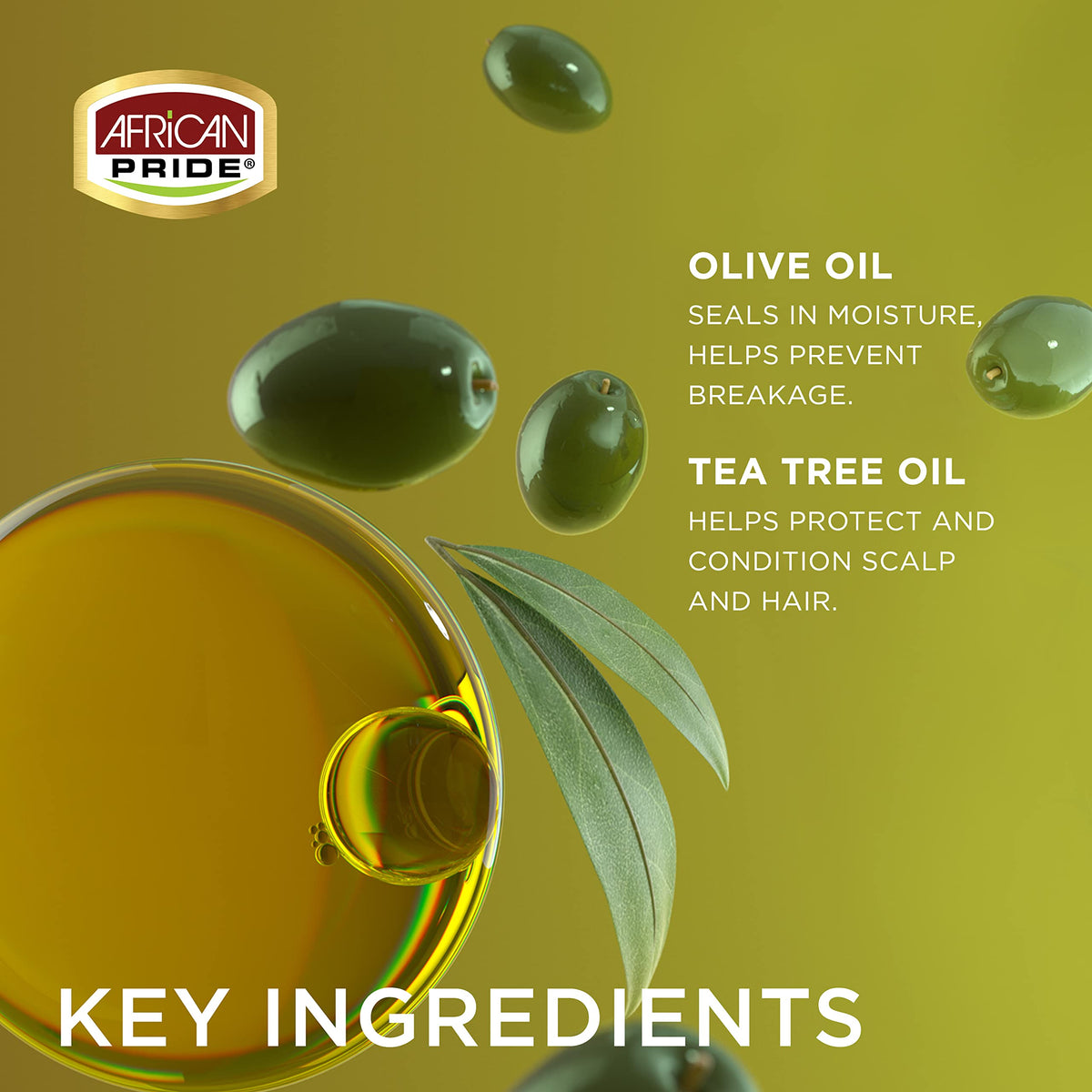 African Pride Olive Miracle hair finish bottle showing non-greasy formula.