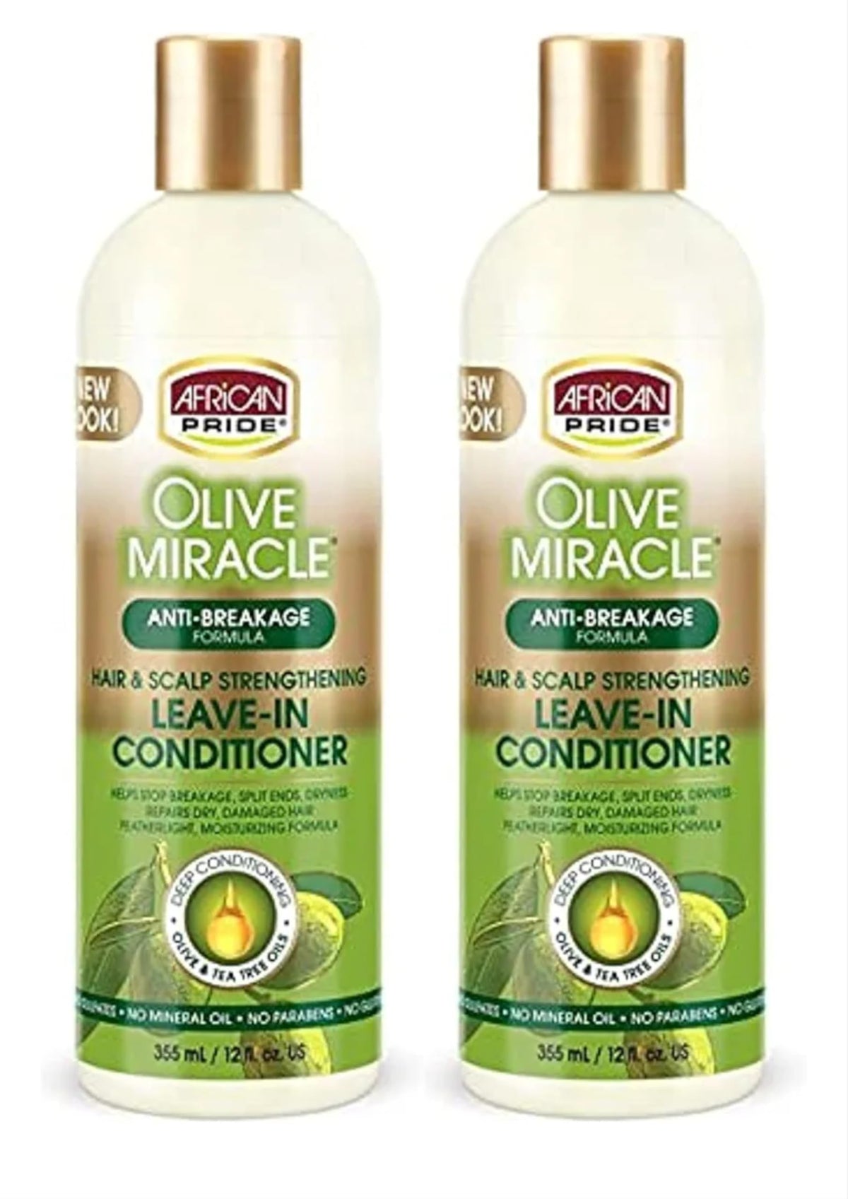 African Pride Olive Miracle Leave-In bottle back—moisture retention for everyday styling.
