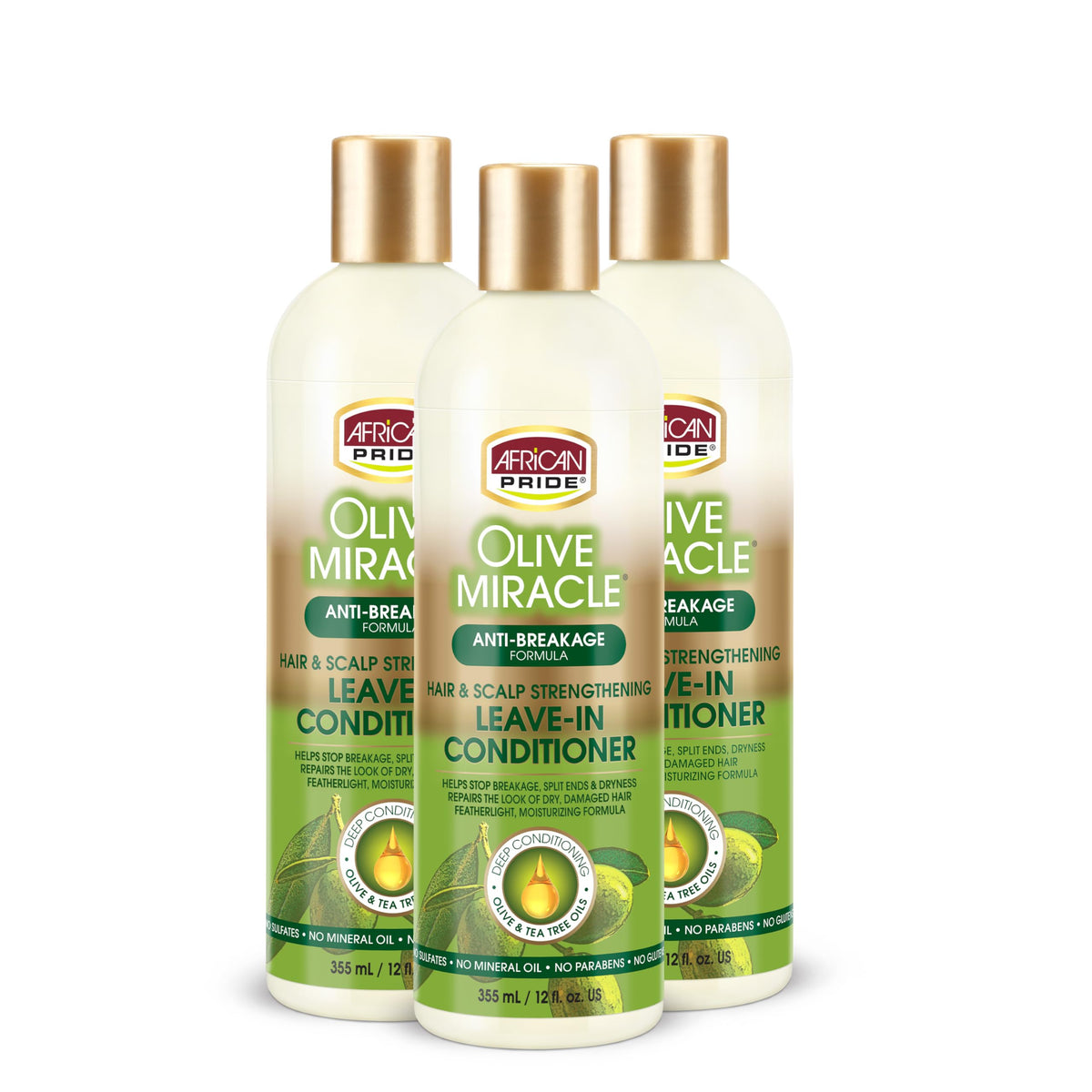 African Pride Olive Miracle Leave-In Conditioner bottle showing moisture seal benefits.