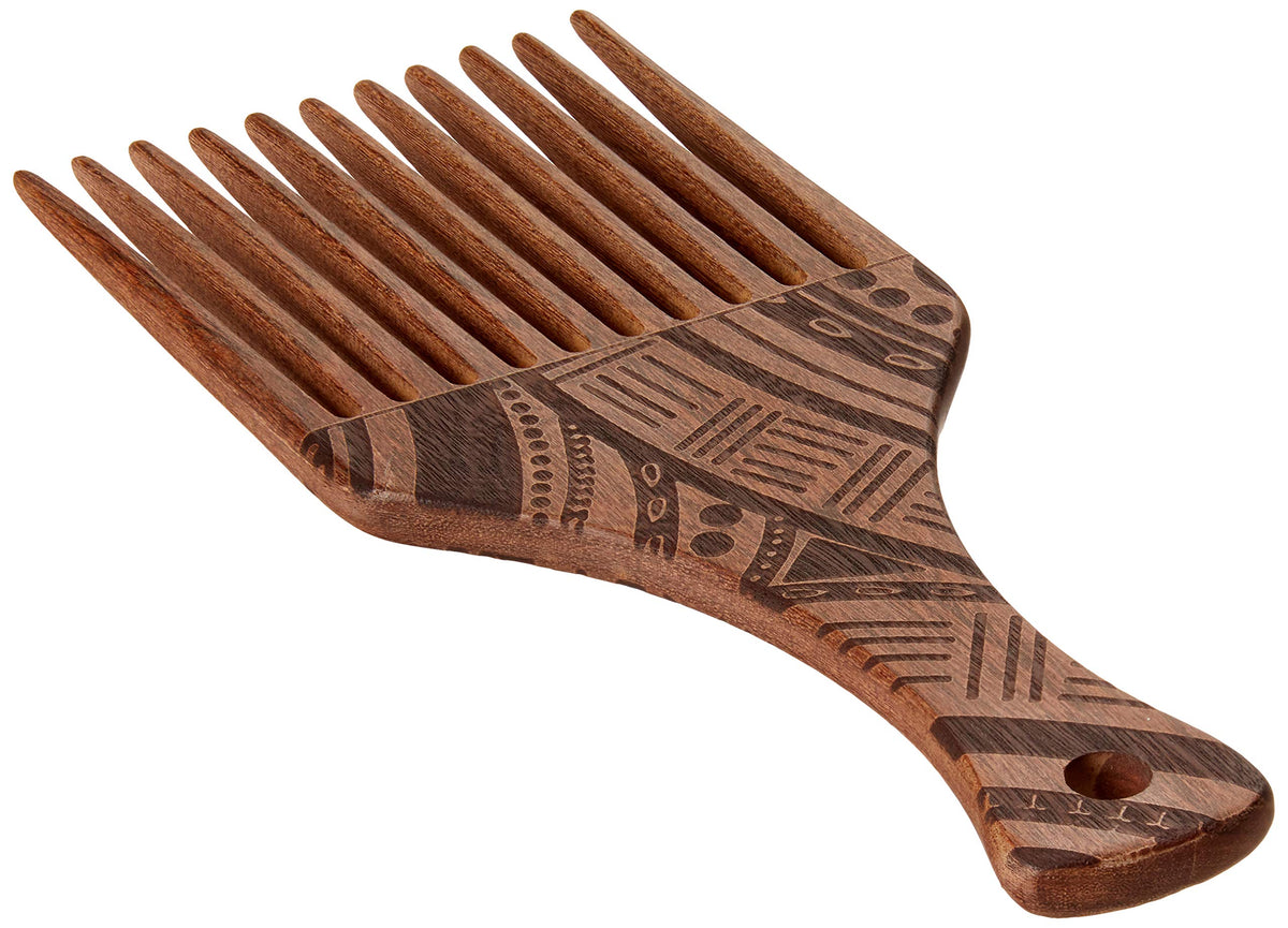 Engraved brown Afropick supports styling for thick curls on textured hair