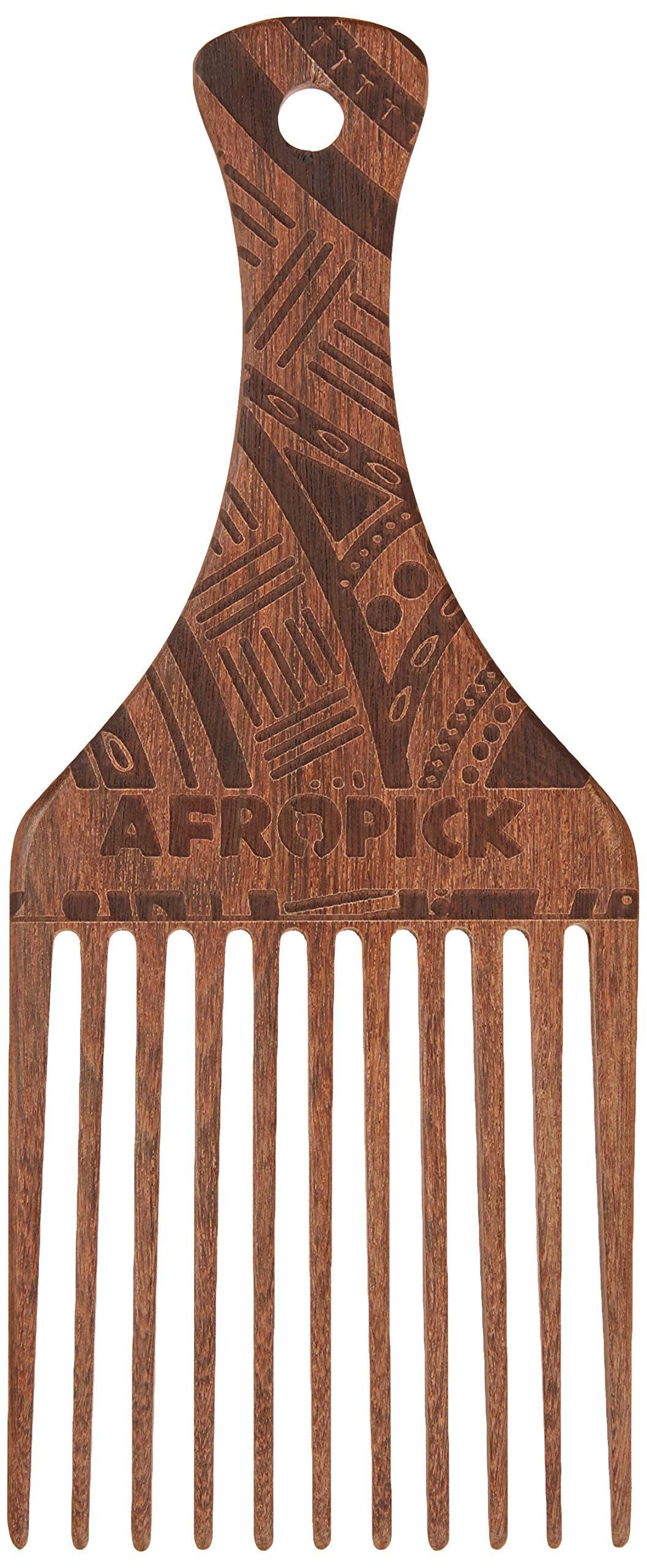 AfroPick wooden hair pick with engraved brown finish for textured hair