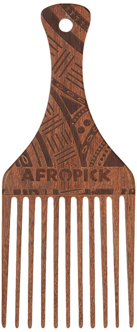 AfroPick wooden hair pick with engraved brown finish for textured hair