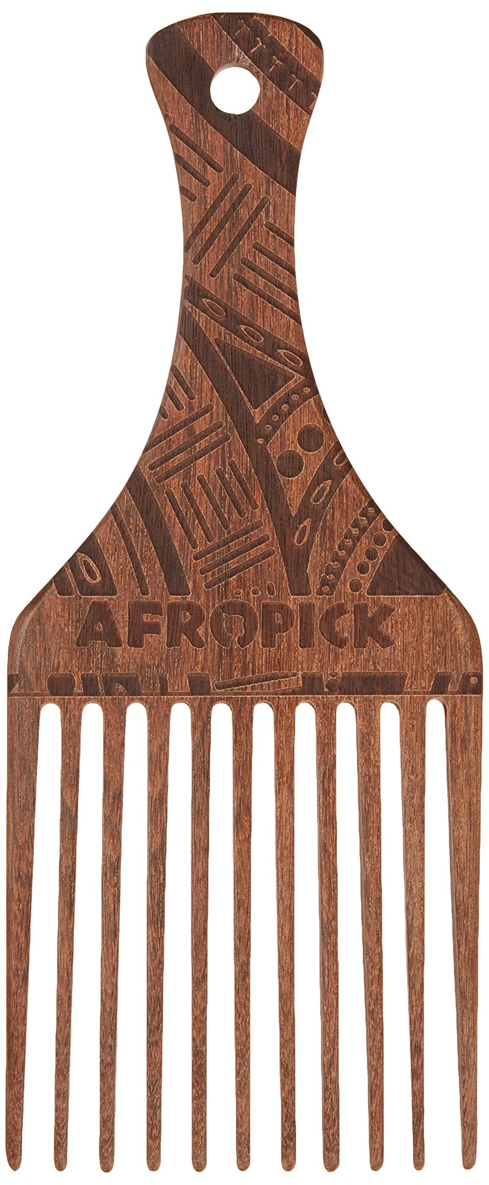 AfroPick wooden hair pick with engraved brown finish for textured hair