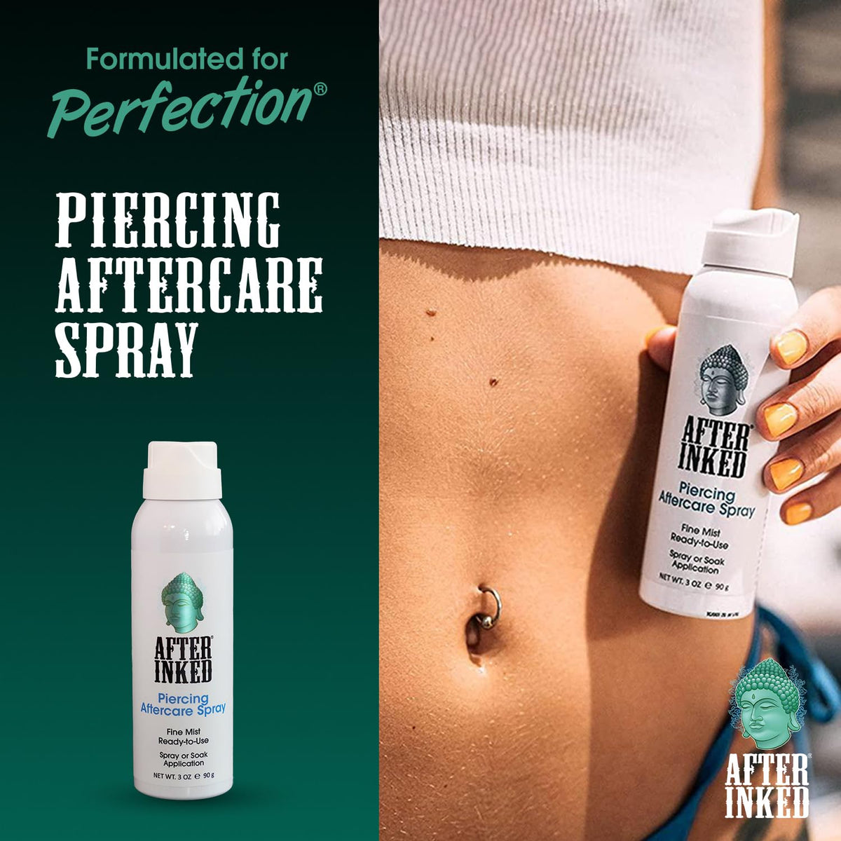 After Inked 360-degree sprayer bottle, targeted application for convenient piercing care.