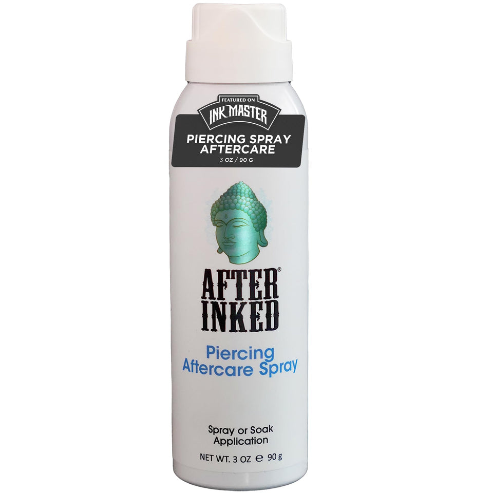 After Inked piercing aftercare spray, fine mist for gentle piercing cleansing.