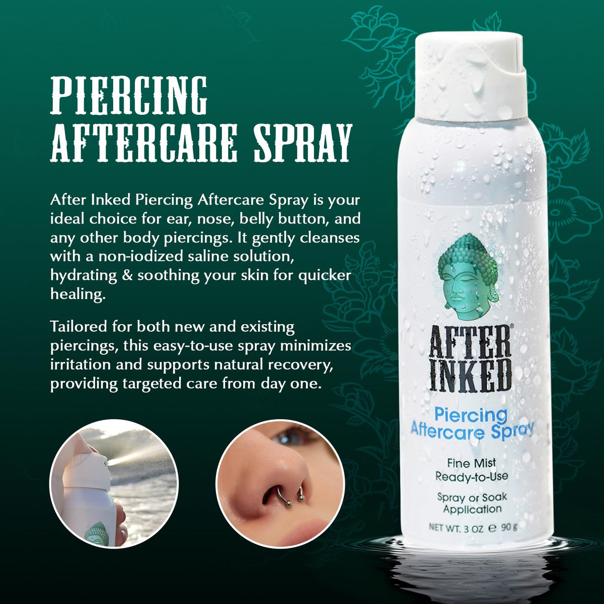 After Inked saline solution for piercings, soak application for thorough cleansing and hydration.