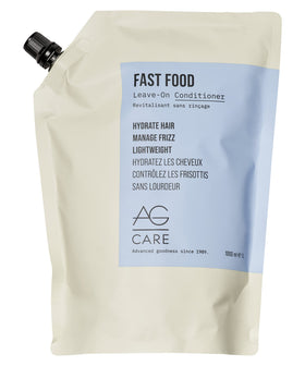AG Care Fast Food Leave-On bottle close-up highlighting frizz control