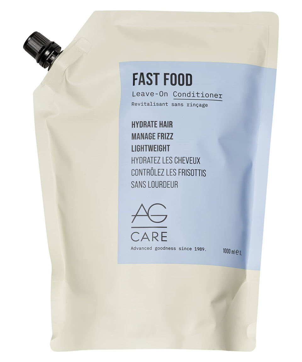 AG Care Fast Food Leave-On bottle close-up highlighting frizz control
