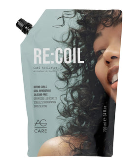 AG Care Re:Coil bottle with pour demonstrates clean, weightless hold for defined curls.
