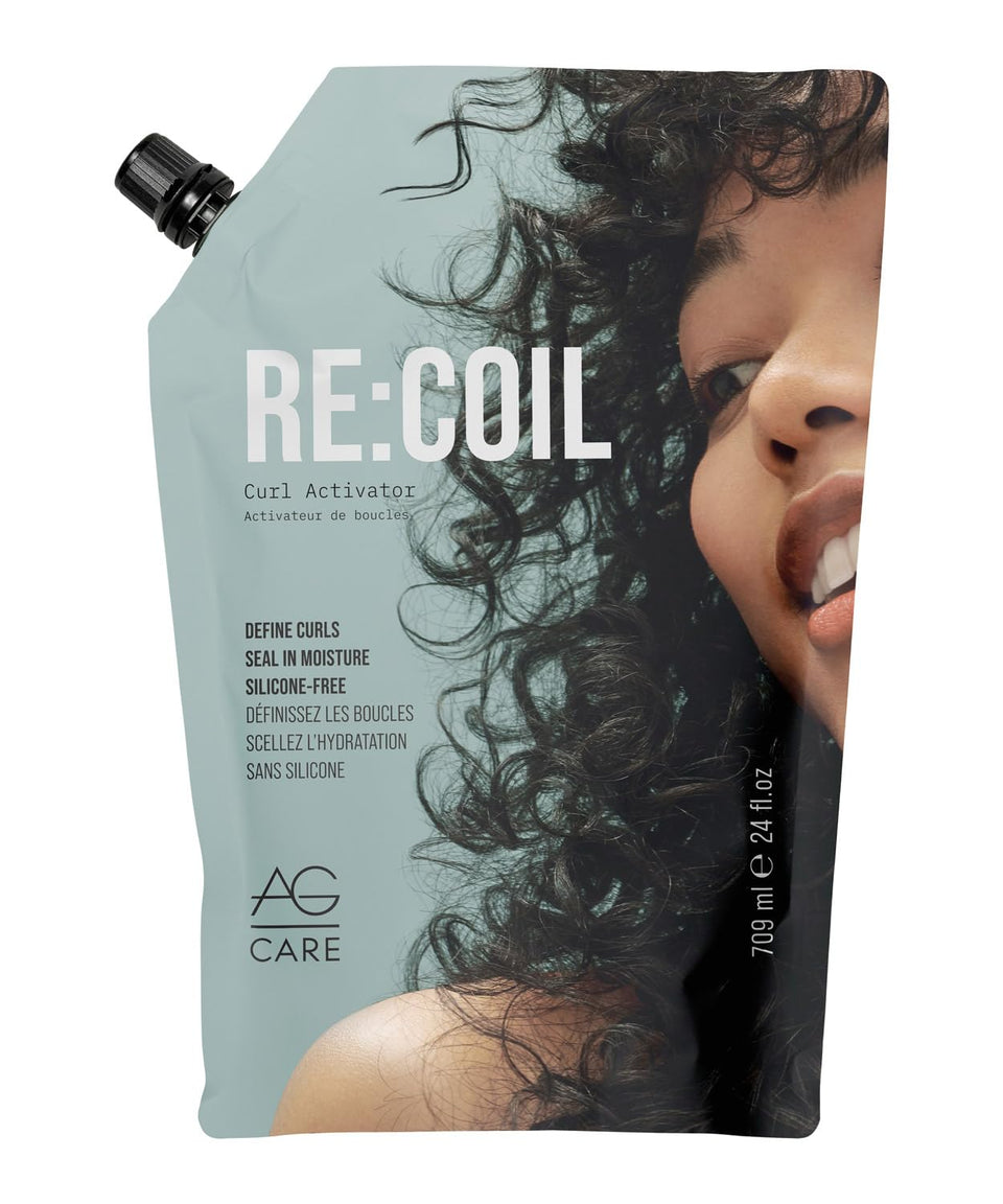 AG Care Re:Coil bottle with pour demonstrates clean, weightless hold for defined curls.