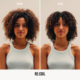 AG Care Re:Coil cream swirl on hair shows frizz reduction and smooth, touchable definition.
