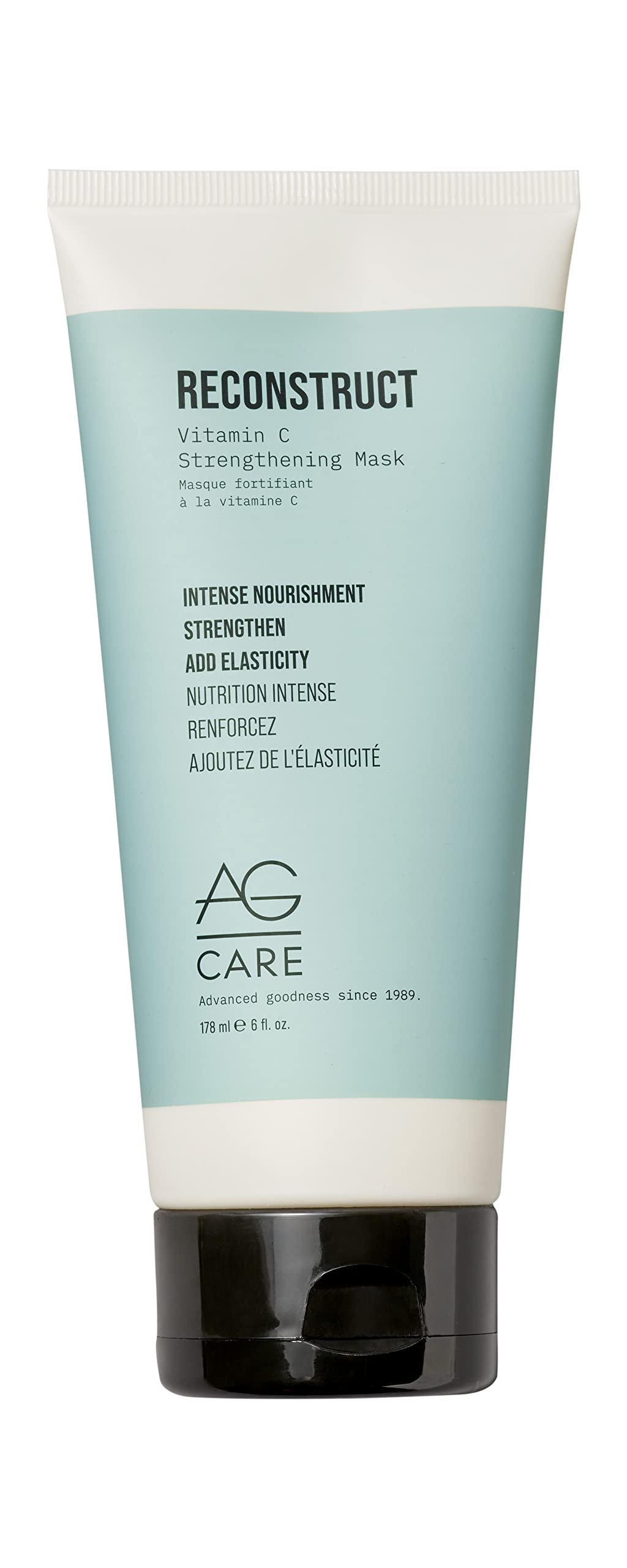 AG Care Reconstruct Vitamin C Strengthening Mask bottle highlights nourishing formula for radiant hair.