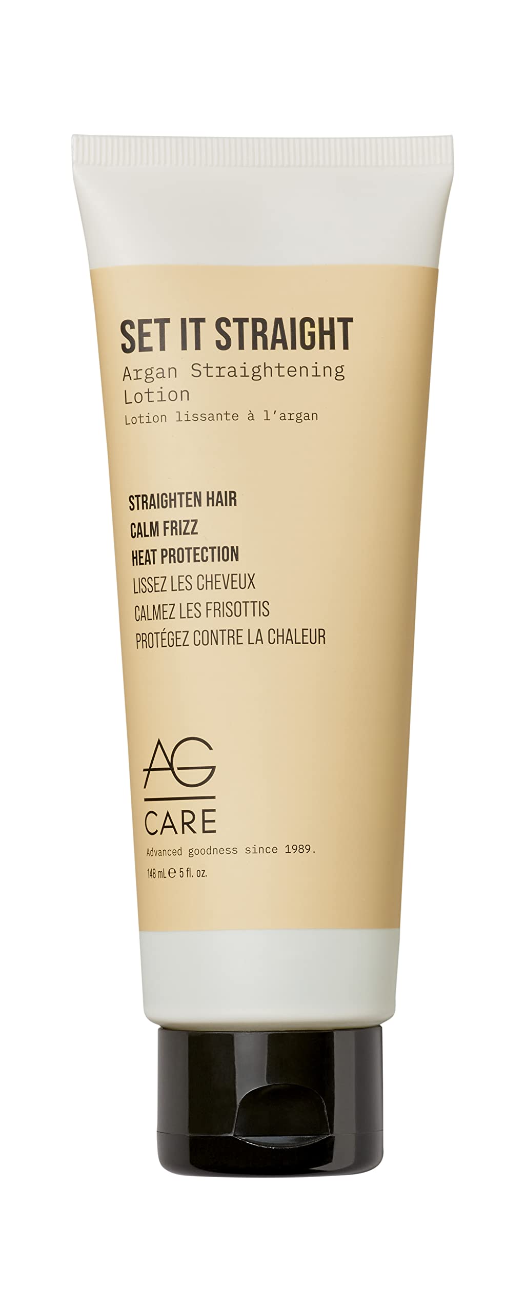 AG Care Set It Straight argan straightening lotion bottle demonstrates smooth, frizz-resistant styling.