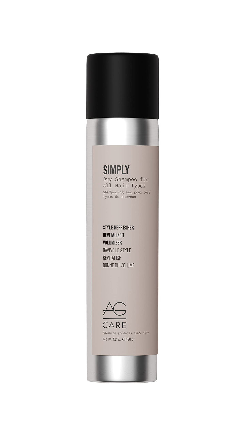 AG Care Simply Dry Shampoo bottle pour demonstrates oil absorption for a refreshed in-between-wash look.