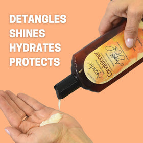 Application shot of Agadir conditioner on damp hair improving detangling and smoothness.