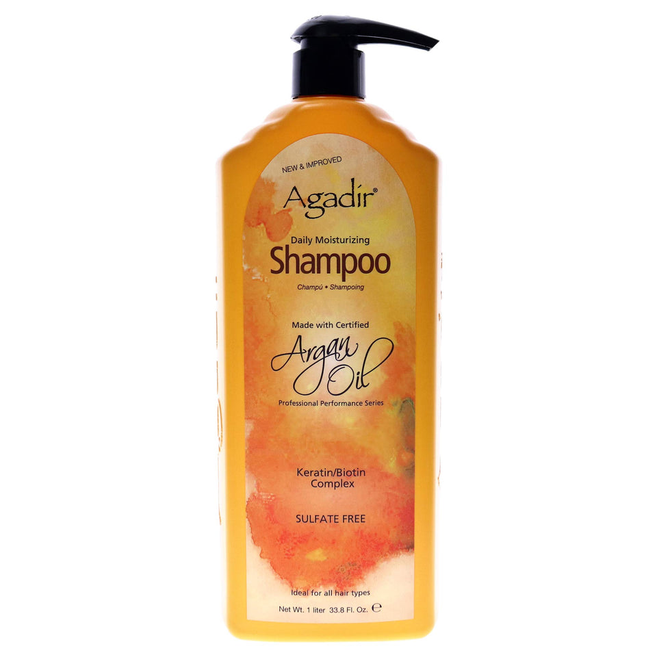 AGADIR Argan Oil Daily Moisturizing Shampoo bottle highlighting color-safe cleansing and UV protection