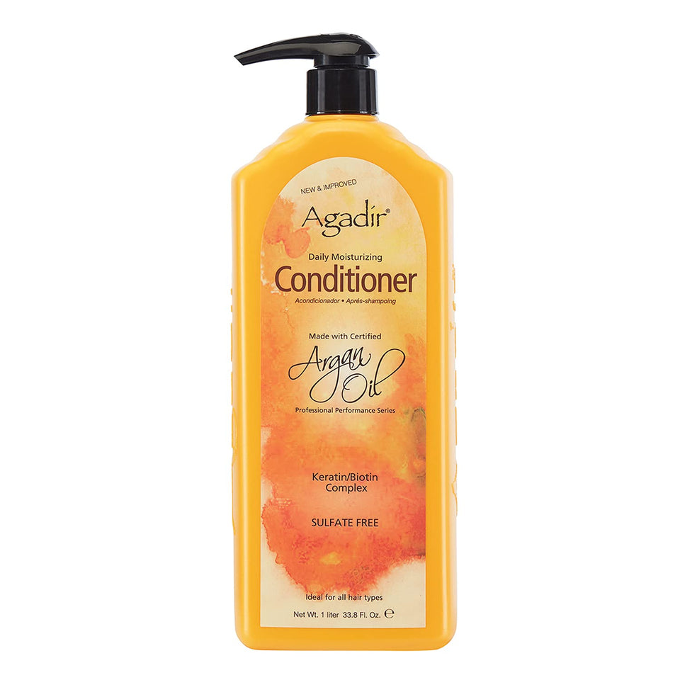 Agadir Daily Moisturizing Conditioner bottle aids detangling and leaves hair silky.