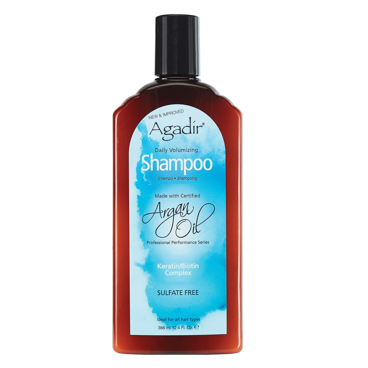 Agadir Daily Volumizing Shampoo bottle front color-safe formula for fuller, lifted hair.