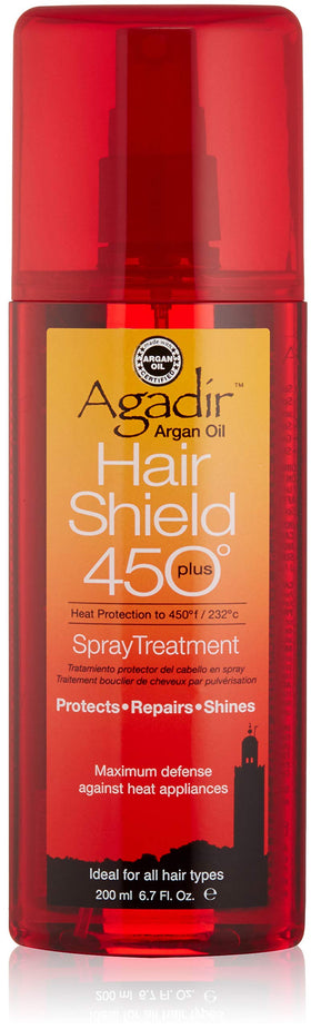 Agadir Hair Shield 450 spray bottle provides strong heat protection for all hair types.