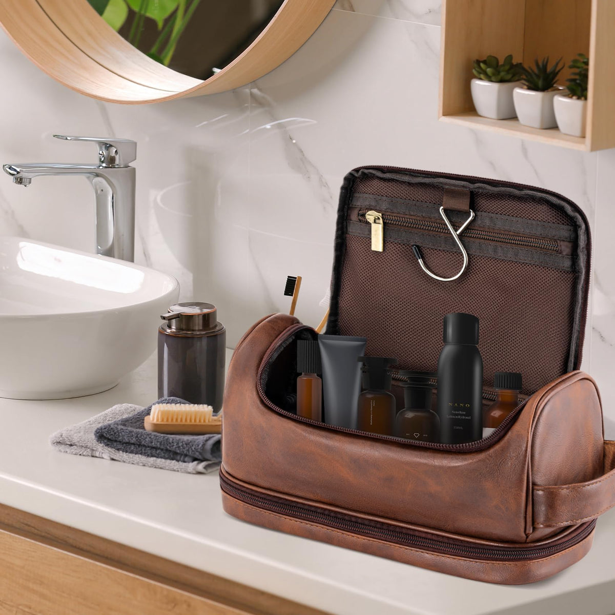 Aganmi bag in large capacity with organized compartments for travel items.