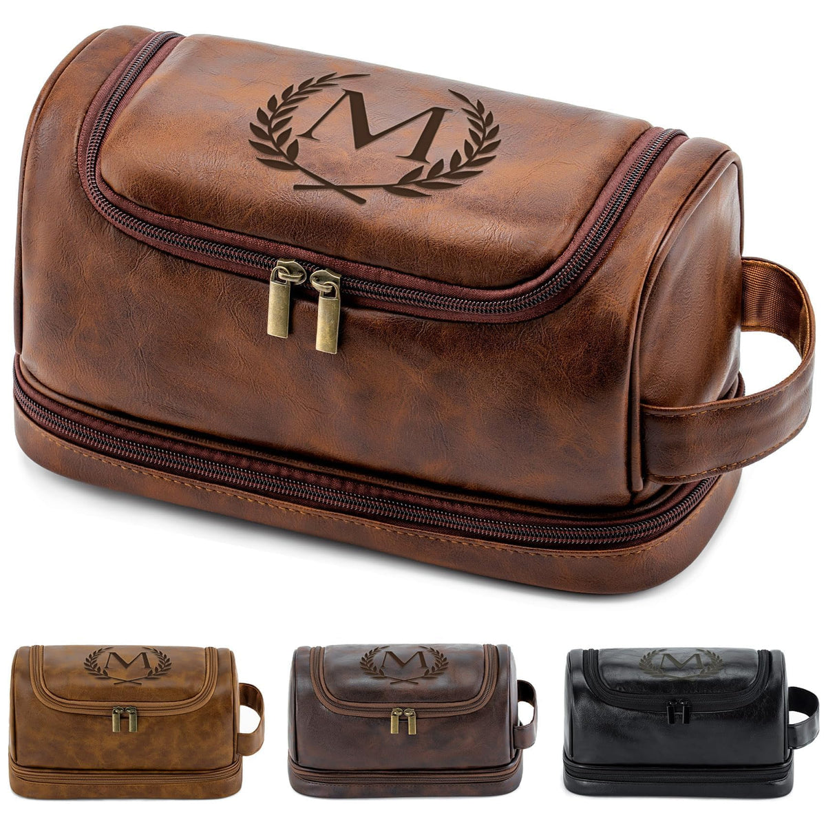 Aganmi personalized travel toiletry bag front view with initials and wheat motif, a stylish gift.