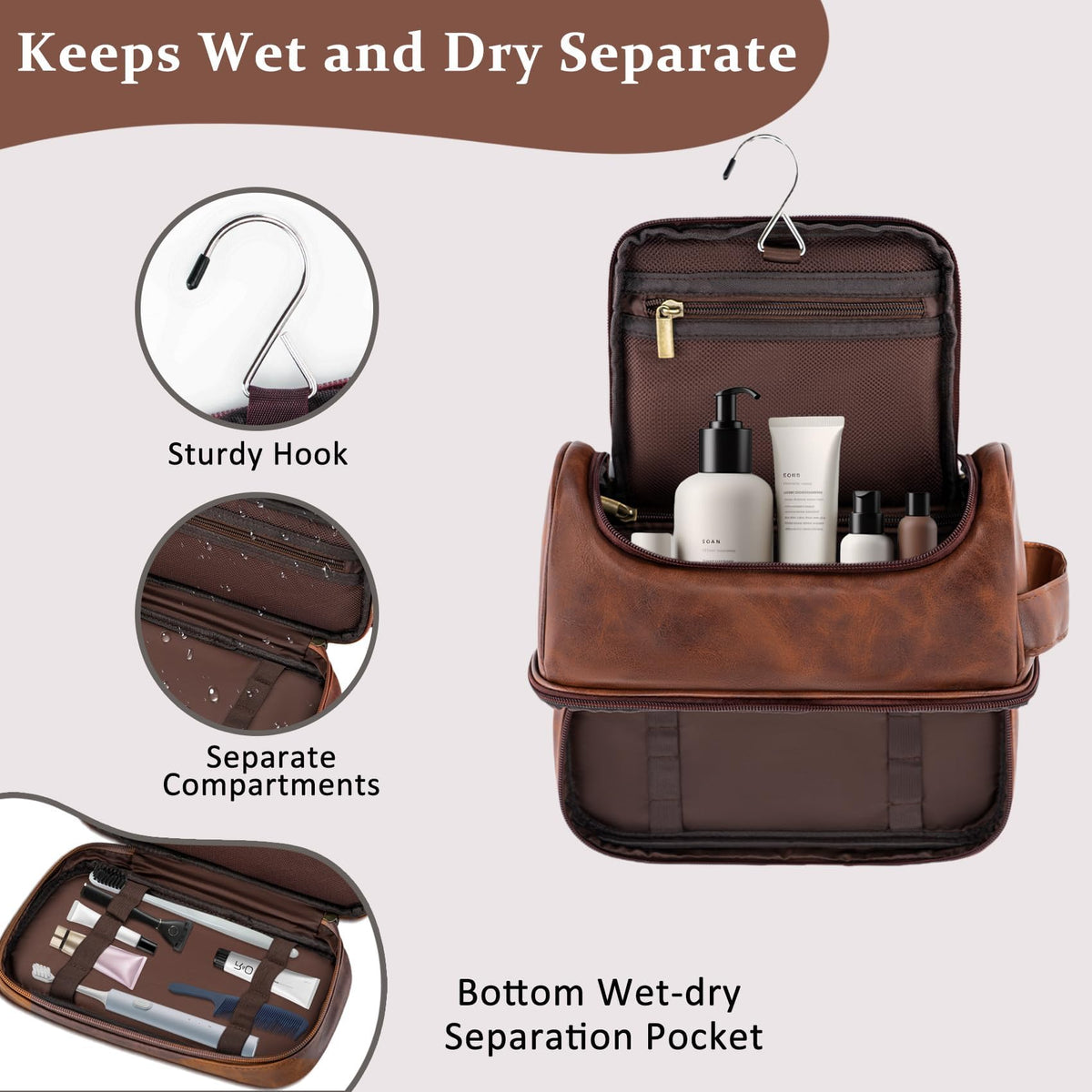Aganmi toiletry bag displaying wet/dry compartment and internal pockets.