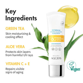 AGE20S formula with green tea and vitamins C+E for soothing benefits.