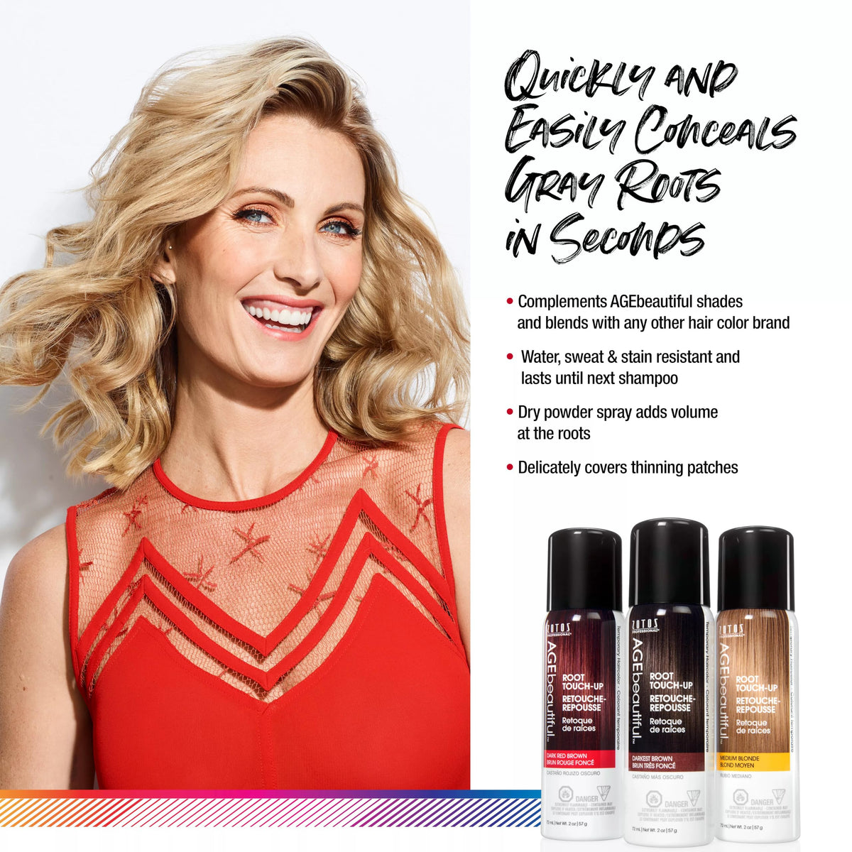 AGEbeautiful Root Touch-Up Spray closeup shows durable coverage lasting until next wash