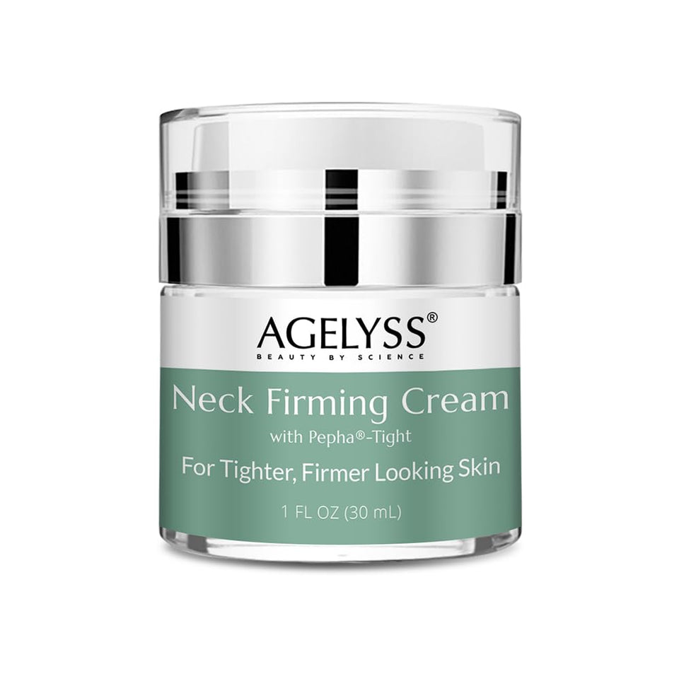 Agelyss Neck Firming Cream tube demonstrates targeted neck care for daily hydration and subtle lifting.