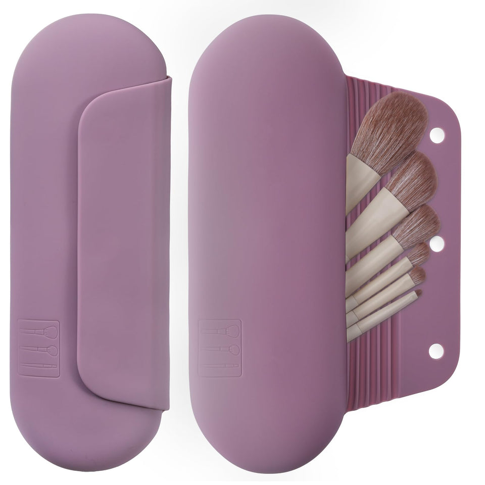 AGIKET silicone makeup brush holder travel case in light purple showing secure magnetic closure for travel