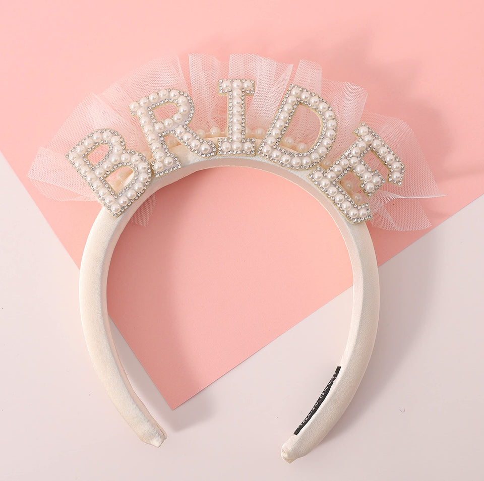 Agkvw Pearl Veil Bride Headband front view with BRIDE pearls for bridal photos