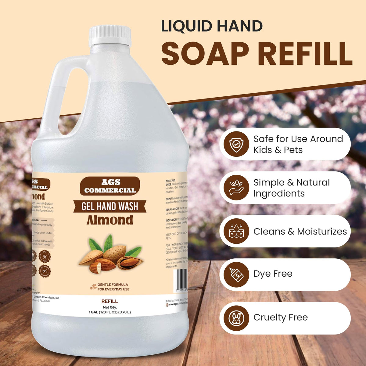 AGS Almond Liquid Hand Soap Refill in action dispensing a rich lather for quick restocks