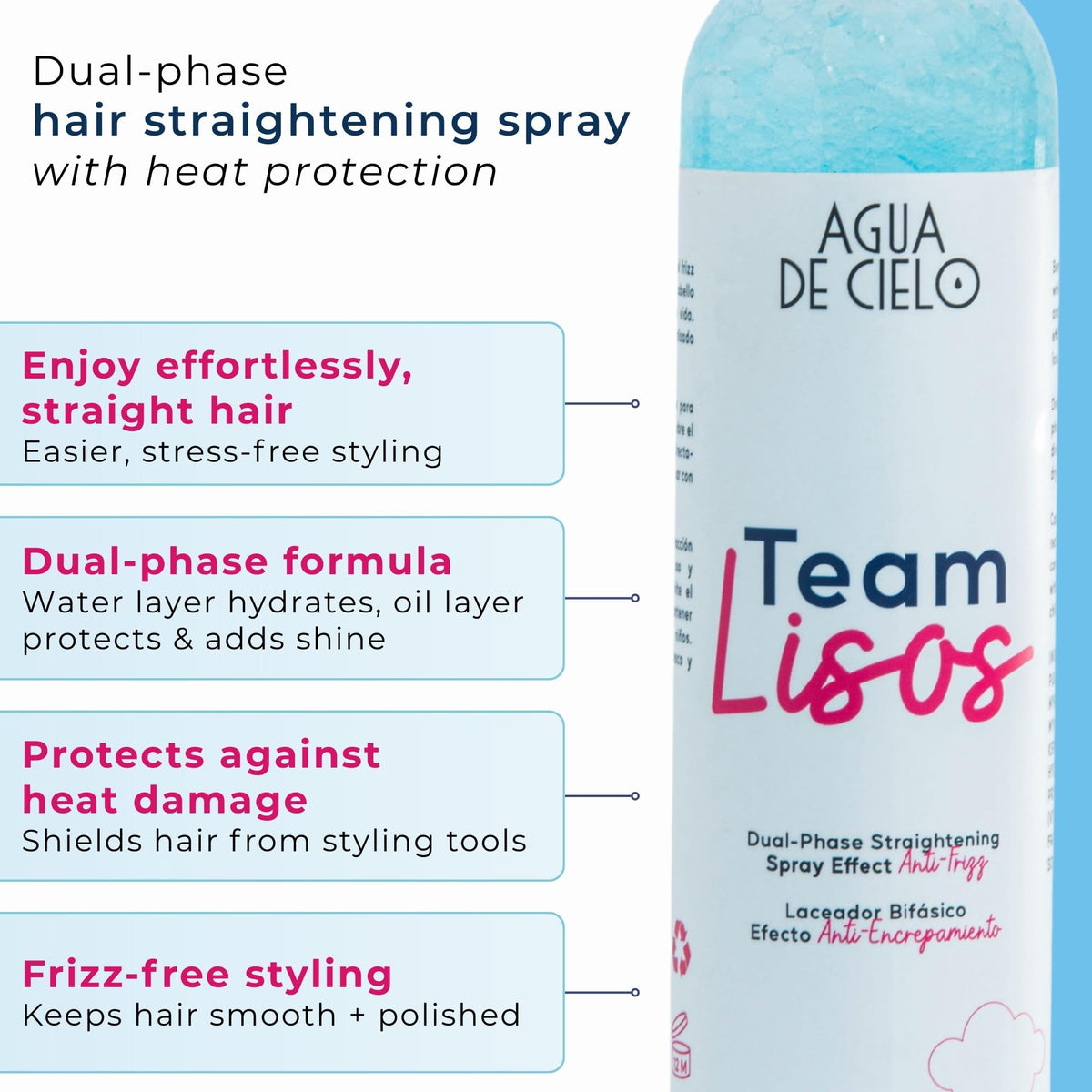 Agua de Cielo Team Lisos dual-phase label highlighting the two-layer formula