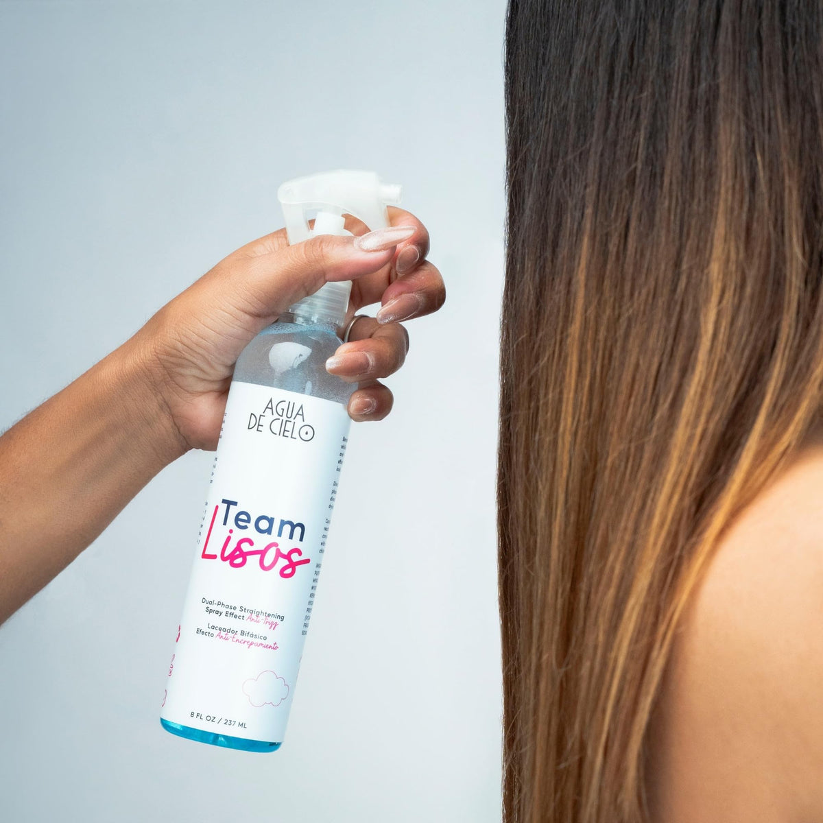 Agua de Cielo Team Lisos bottle with misting action providing heat protection