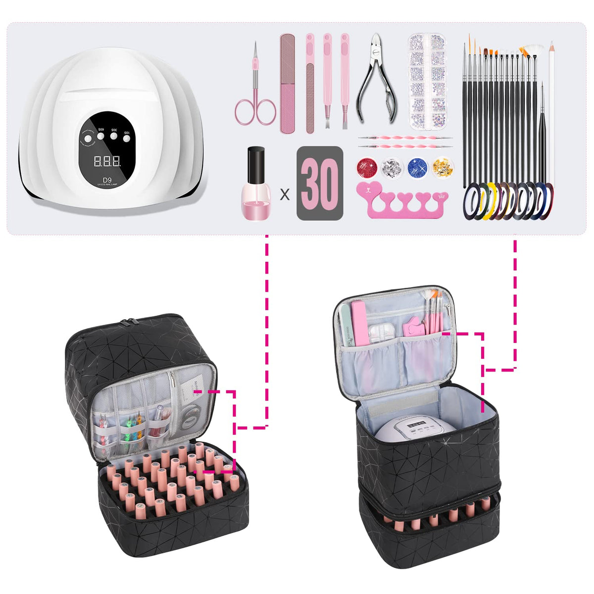 Interior pockets and elastic bands keep tools organized for nail sessions