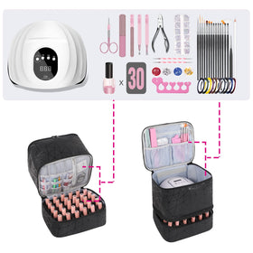 Interior pockets and elastic bands keep tools organized for nail sessions