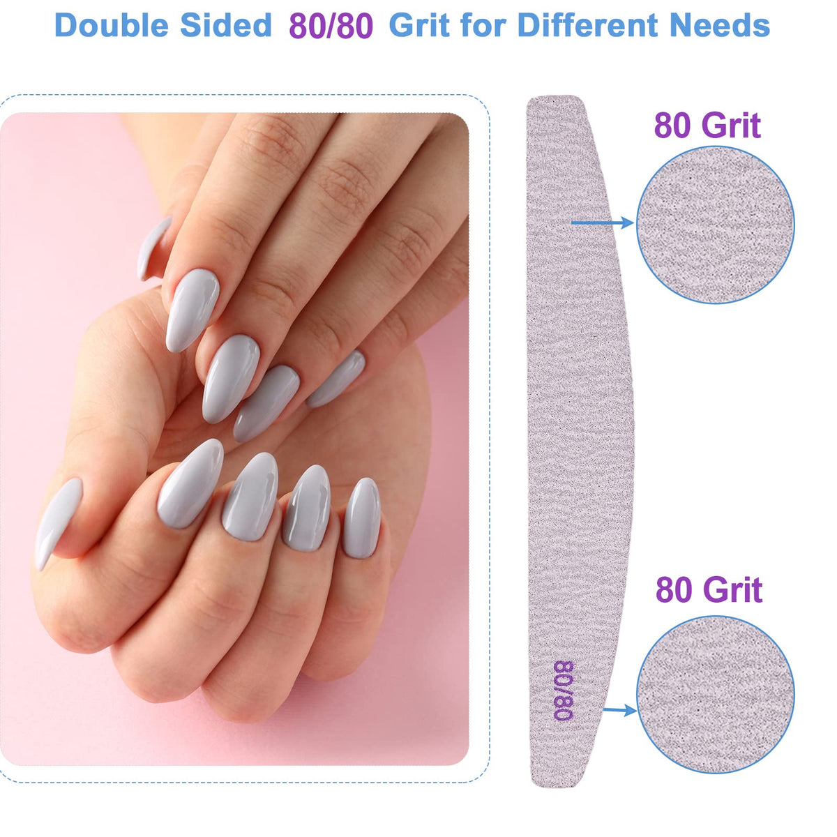 Double-sided curved emery boards in gray provide precise buffing for acrylic nails