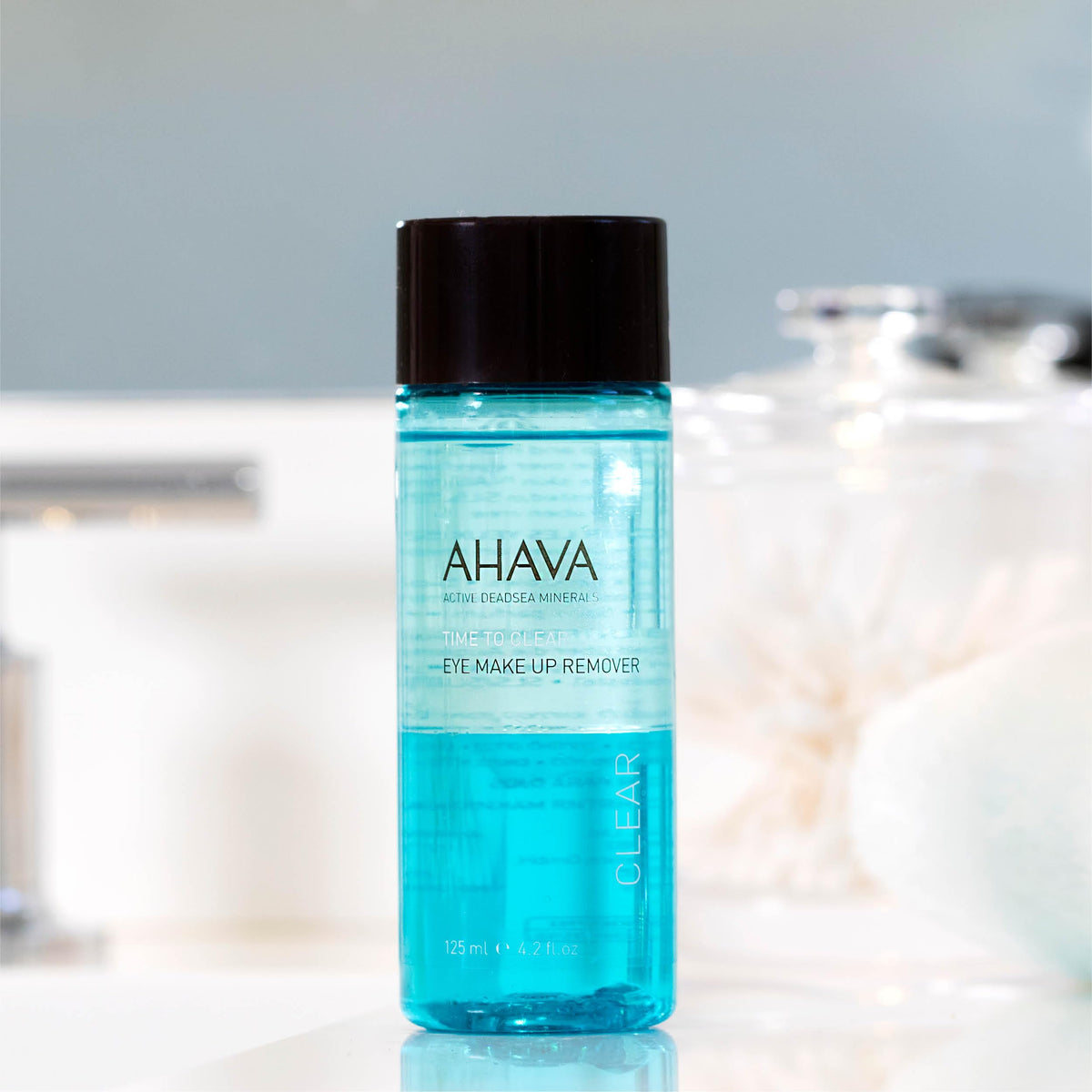 AHAVA Time To Clear bi-phased remover lifts waterproof makeup softly.