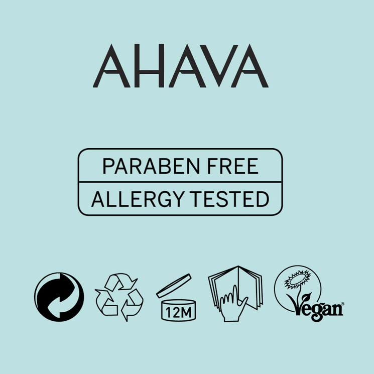 AHAVA brand logo emphasizing vegan, allergy-tested, paraben-free identity