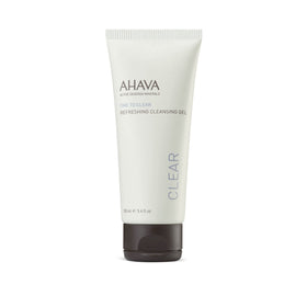 AHAVA Cleanse Refreshing Cleansing Gel bottle close-up, soapless cleansing that hydrates while removing makeup.