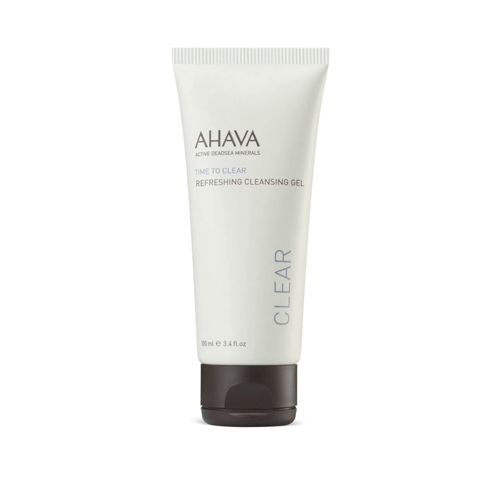 AHAVA Cleanse Refreshing Cleansing Gel bottle close-up, soapless cleansing that hydrates while removing makeup.