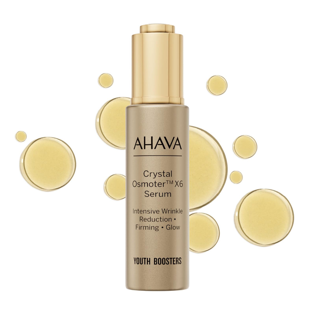 AHAVA Crystal Osmoter X6 serum bottle highlights premium mineral blend for radiant skin.