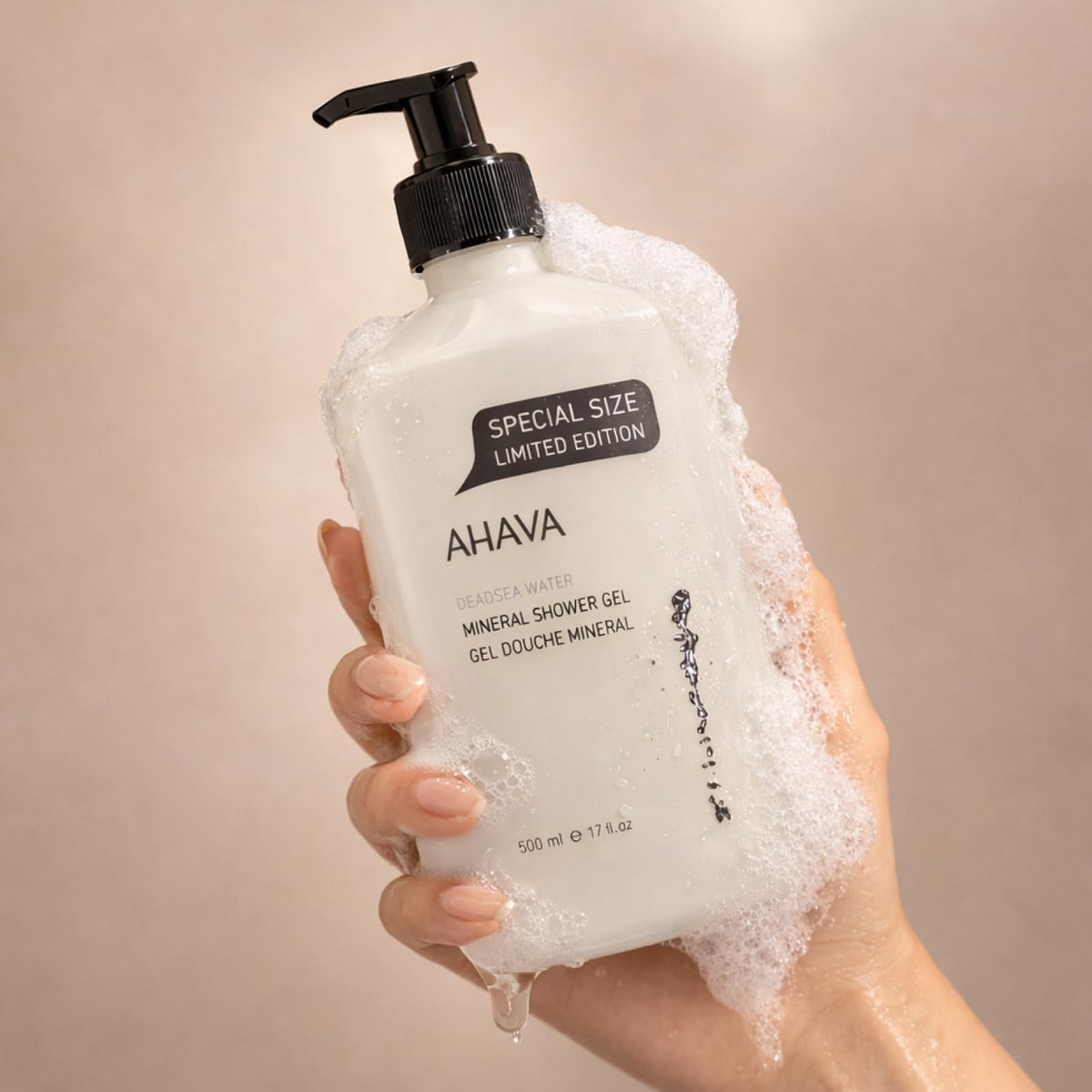 AHAVA Dead Sea Mineral Shower Gel packaging displayed on store shelf