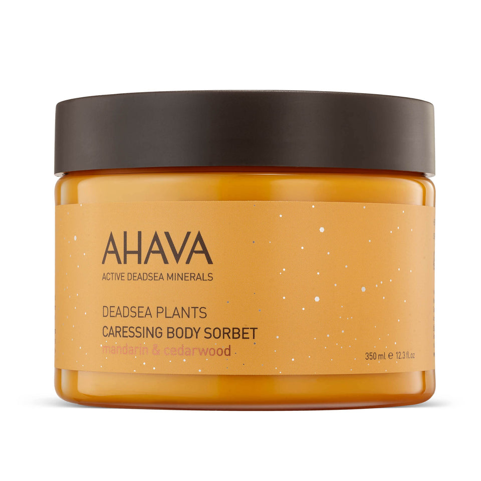 AHAVA Dead Sea Plants Caressing Body Sorbet bottle close-up for hydrating skin